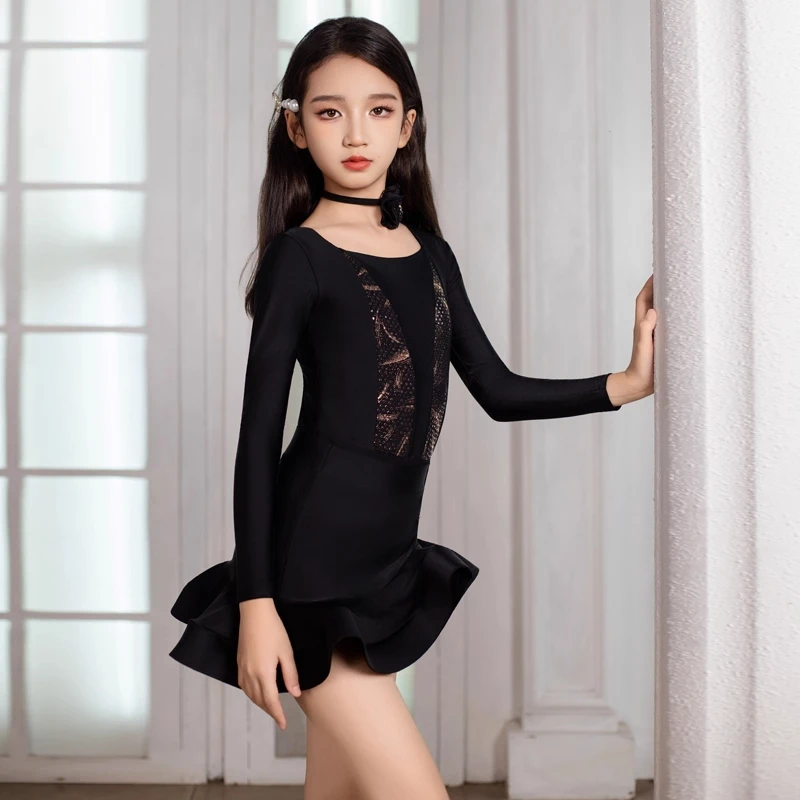 2025 neue Laitn Tanz Kleid Mädchen Schwarz Dance Performance Anzug Langarm Trikot Rock Set Cha Cha Rumba Training Kleidung 2732