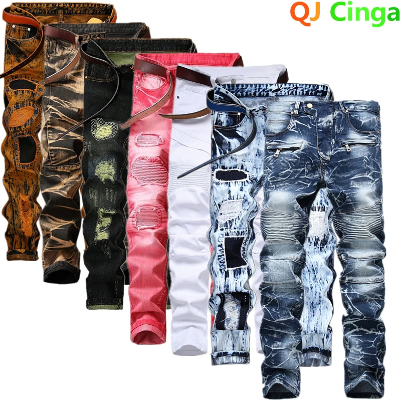 Jeans plissado com furos para motociclista masculino, calça jeans decorativa, casual elegante, azul, branco, vermelho, verde, amarelo, novo, 2024