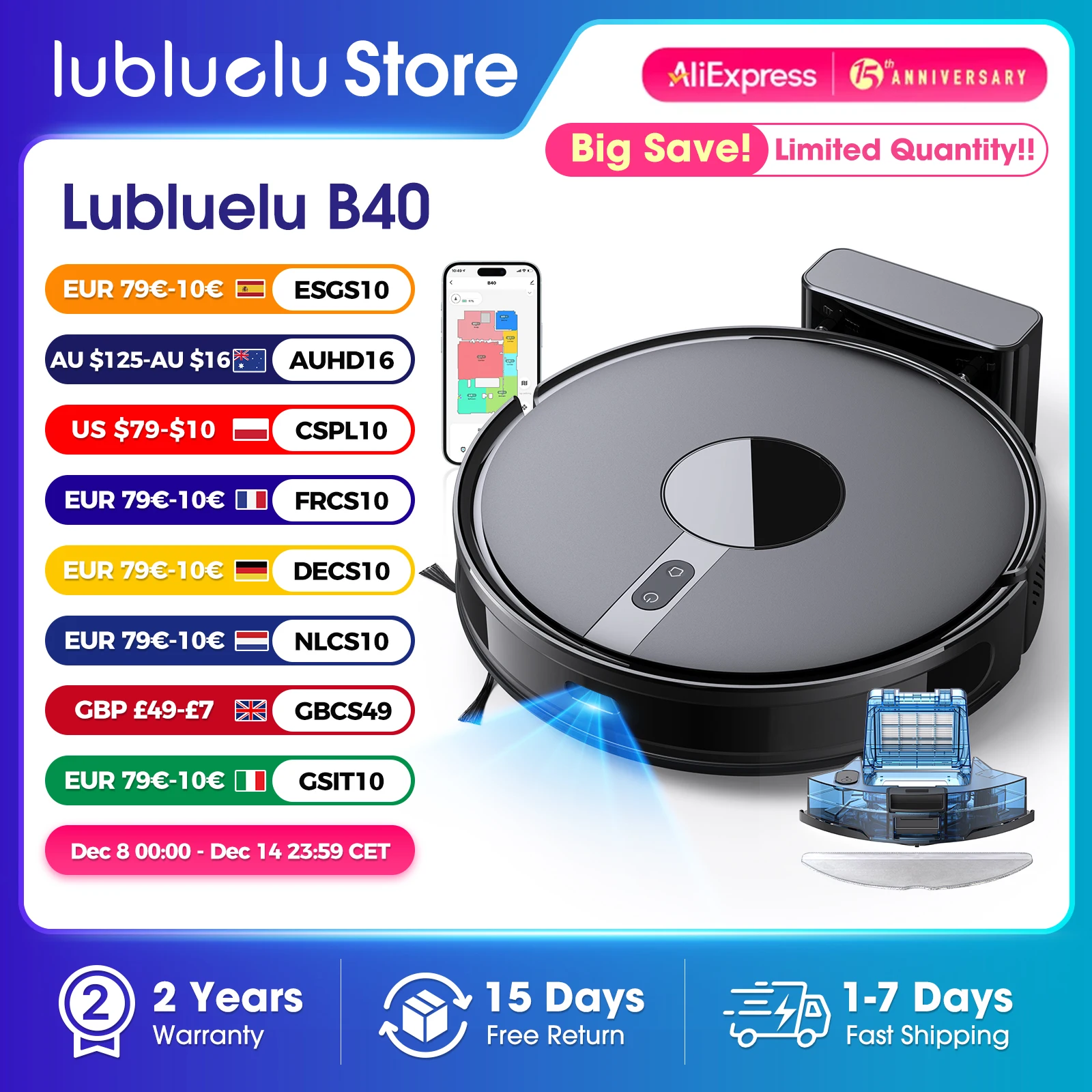 Lubluelu B40 Robot Vacuum and Mop Cleaner, 6000Pa Strong Suction, 180 Mins Long Runtime, APP Control Smart Mapping, 34 No-Go Zon