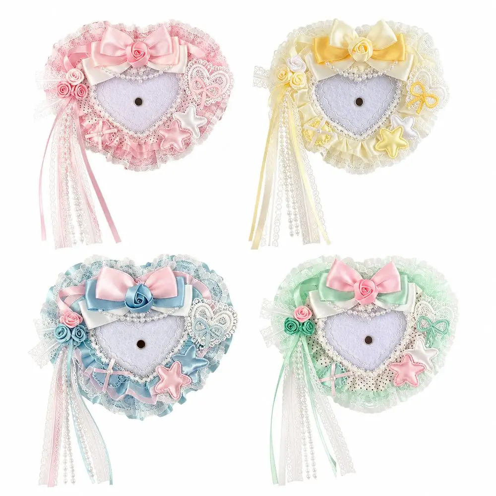 Fabric Heart Shaped Badge Holder Rose Detail Lace Trim Photocard Holder Decorative Bow Tassel Straps Button Badge Holder