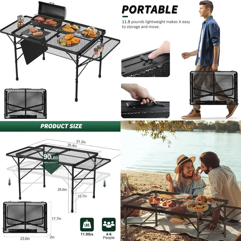 

Adjustable Height Folding Camping Table with 2 Wings, 3x2 Mesh Desk, Portable Outdoor Picnic BBQ Beach Table (Black)