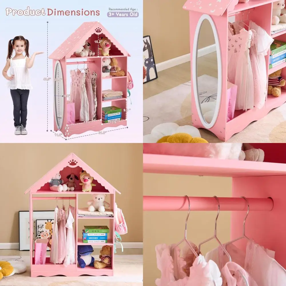 

Pink Dollhouse-Style Kids' Storage Armoire with Mirror and Cute Print, Play Wardrobe Closet