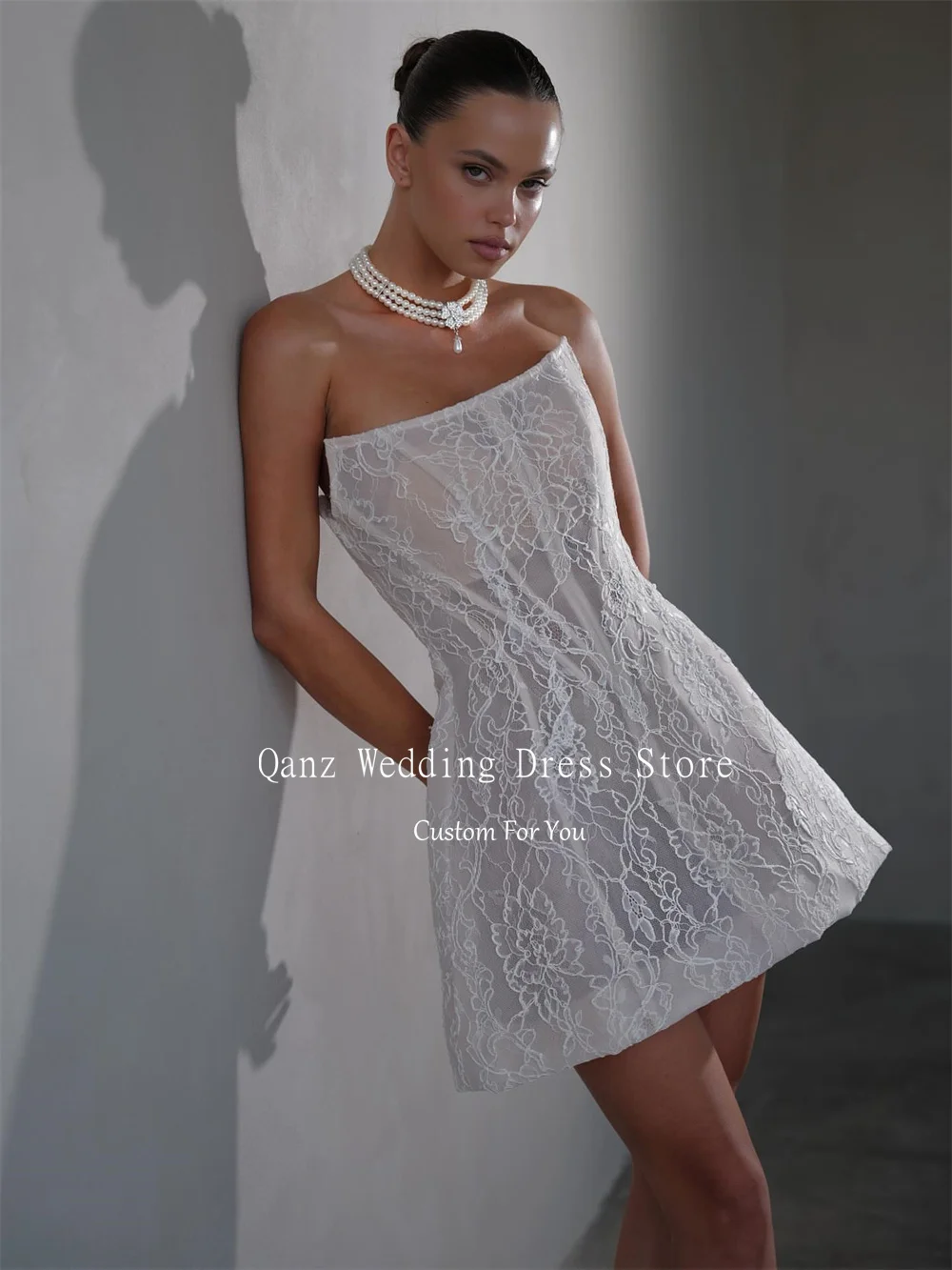Qanz Transparent Mini Vestidos De Novia Strapless Detachable Sleeves Wedding Dress Full Lace Sexy Robe De Mariée Customized