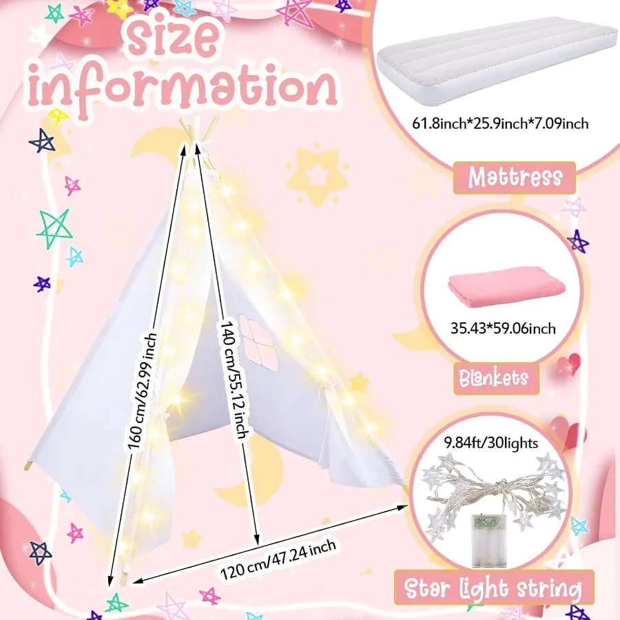 6er-Pack Kinder-Tipi-Zelt für Schlafanzüge, Schlafanzug-Zelte für Mädchenpartys mit Luftmatratze, Sternlichtern, Decken, Tabletts, Blätter,