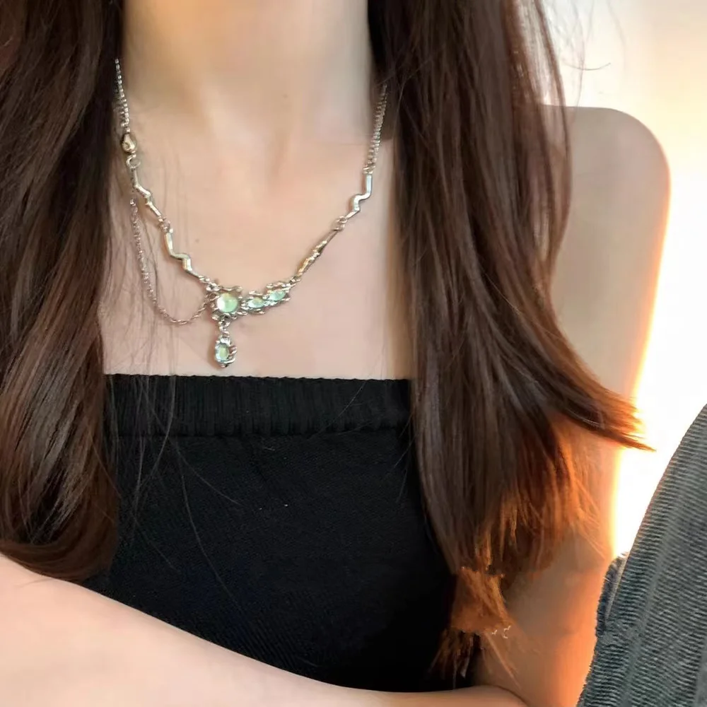 Crystal Opal Pendant Liquid Metal Necklace for Women Clavicle Chain Geometric Irregular Vintage Choker Y2K Jewelry Accessories