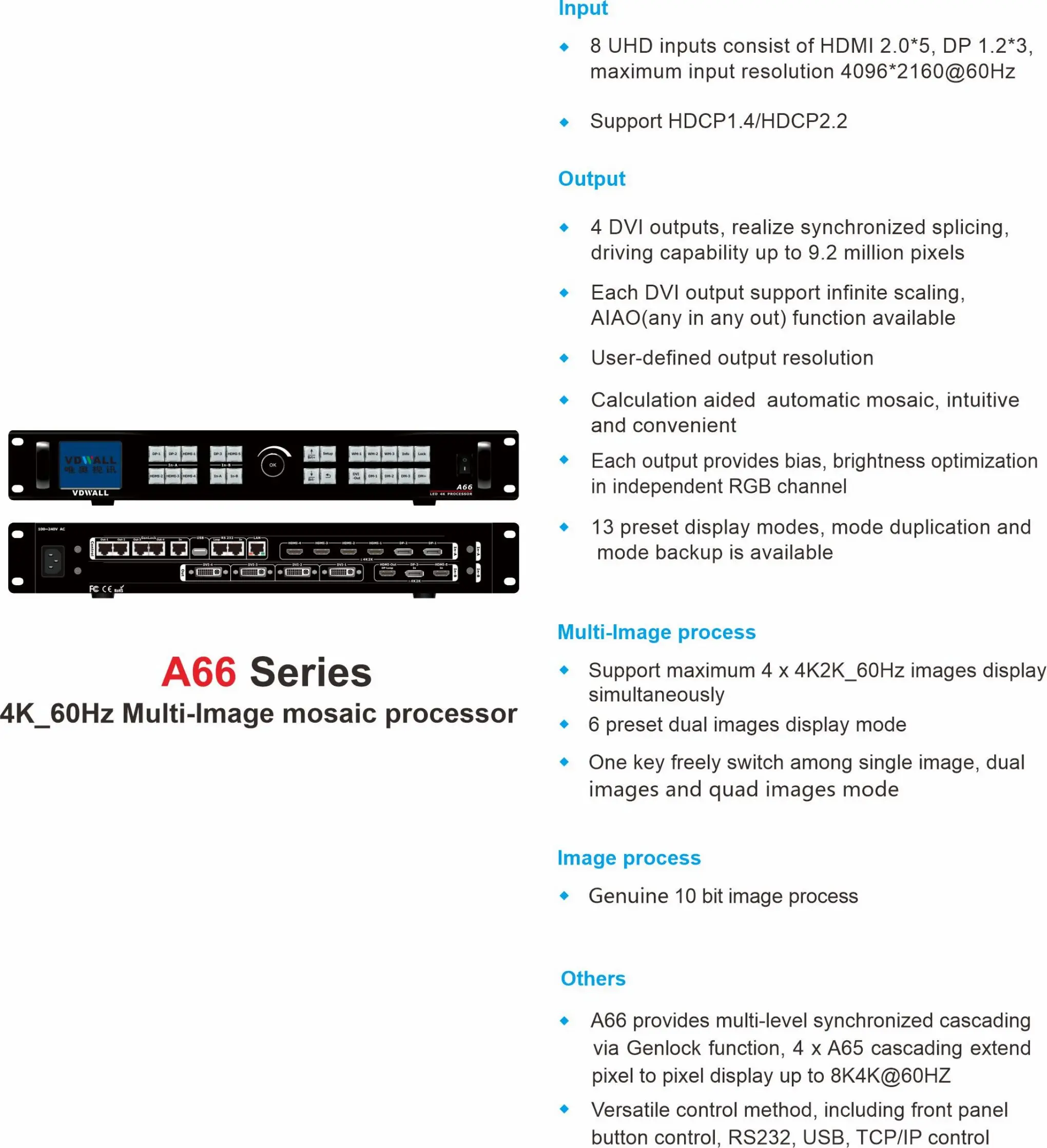 Vdwall-procesador de vídeo LED A66 4K, controlador Led máximo 4K, pantalla de windows prefijada, 6 imágenes duales