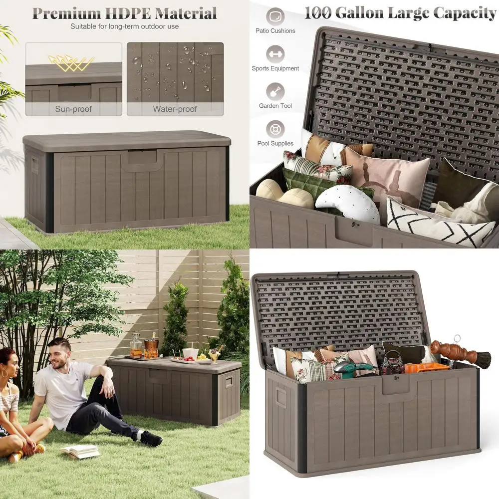 

100-галонный запираемый ящик для хранения на открытом воздухе с газовой стойкой, ручкой для патио, газона и у бассейна (коричневый)