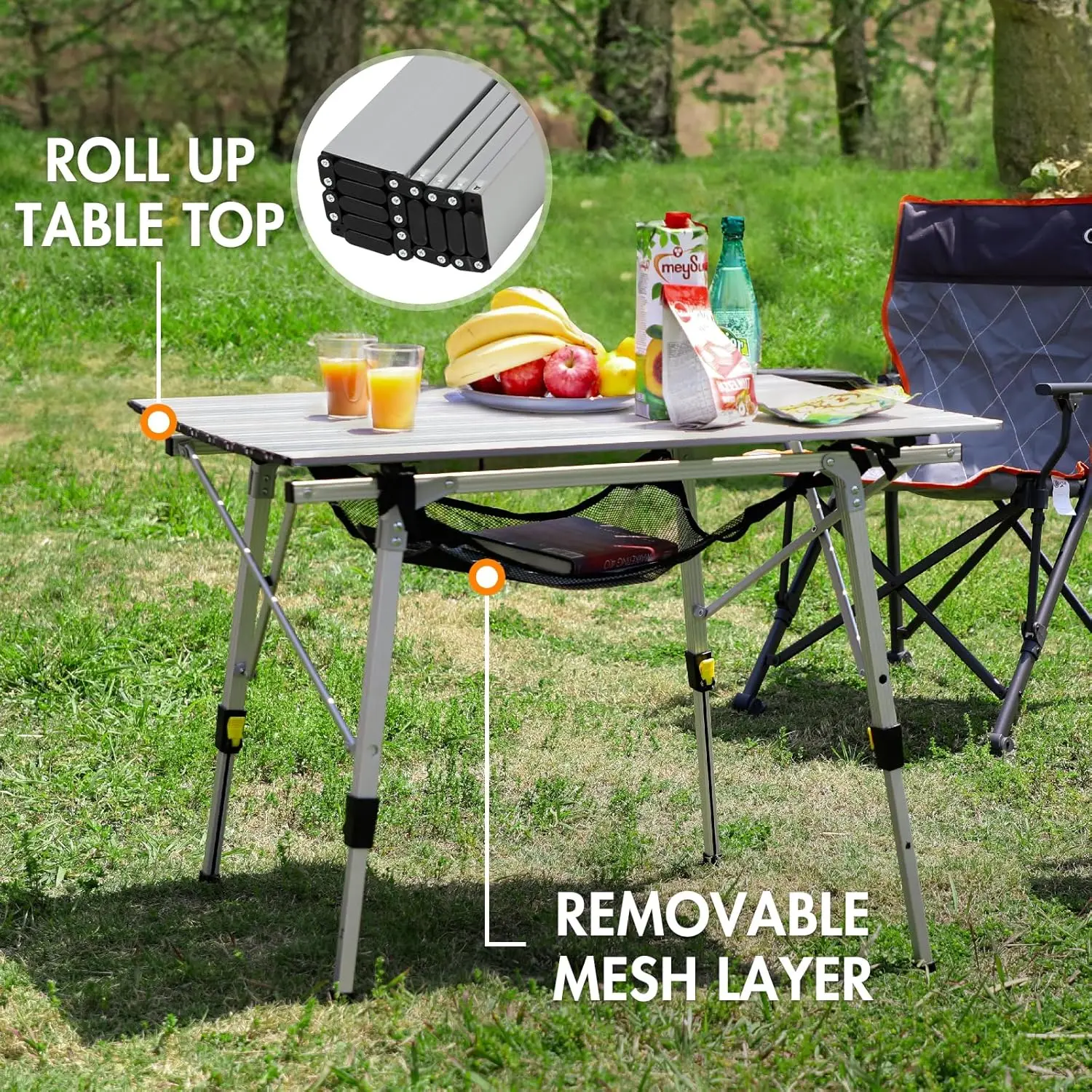 Table de camping pliante en aluminium, table de pique-nique portable, table de camping réglable, couche de maille, dessus de table enroulable, argent, recommandé, extérieur