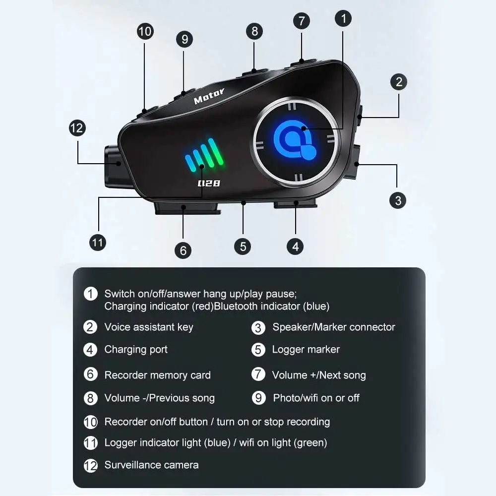 Motorhelm Bluetooth-intercom waterdichte headset met 1080P HD-rijrecorder Draadloze camera Moto