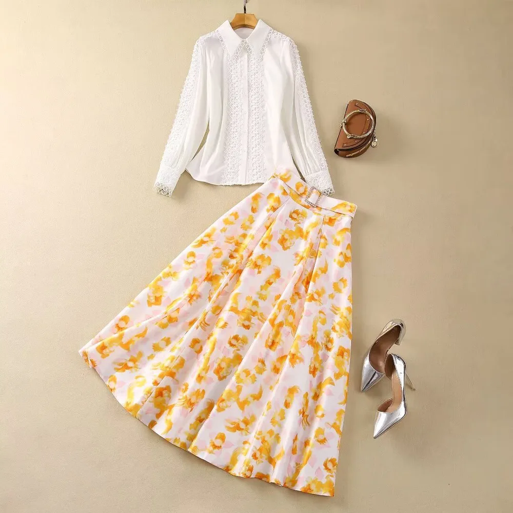 European and American women's clothes 2024 spring new Long-sleeved white cut-out shirt Printed pleated skirt Fashion suit