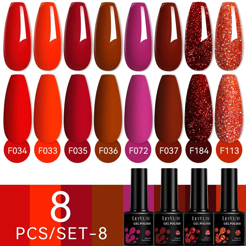 LILYCUTE 8PCS/SET 7ml Red Glitter Gel Nail Polish Gorgeous Color Full Coverage Semi Permanent Soak Off Nail Art Gel Varnish Kit