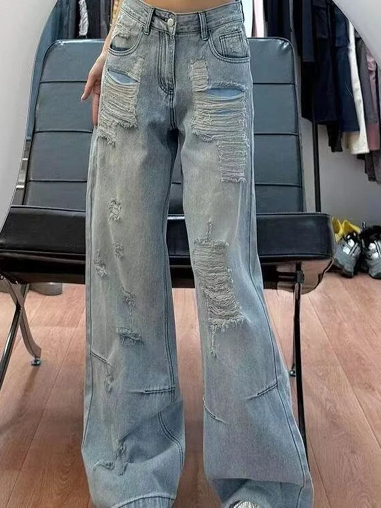 Y2K renda rasgada perna larga jeans meninas primavera verão solto ajuste até o chão calças da moda