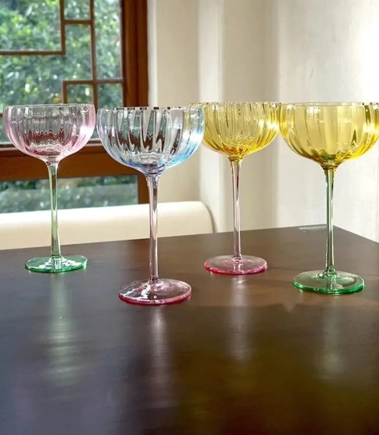 Colorful Glass Vertical Stripes Petal Shaped Glasses Goblet Grape Wine Glass Red Wine Glass Dessert Glass Bowl