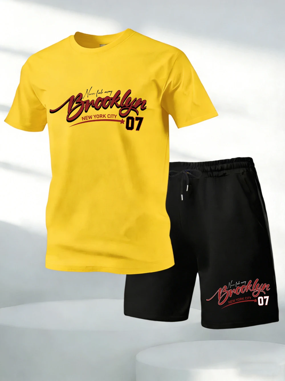 

Two Pieces Set Brooklyn New York City 07 Prints Cotton Tops Shorts Mens Soft O-Neck Oversized T-Shirts Pocket High Waisted Pants