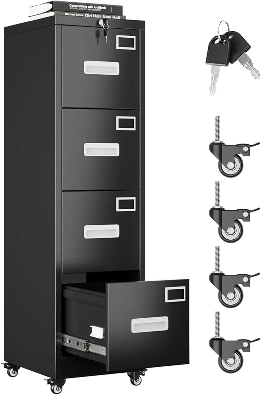

4 Drawer File Cabinet with Wheels, Lockable Metal Filing Cabinet with Name Card for Office and Home,Assembly Required,Black
