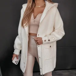 Women Autumn Winter Plush Button Zipper Long Sleeve Coat Jacket Pockets Hooded Solid Color Outwear