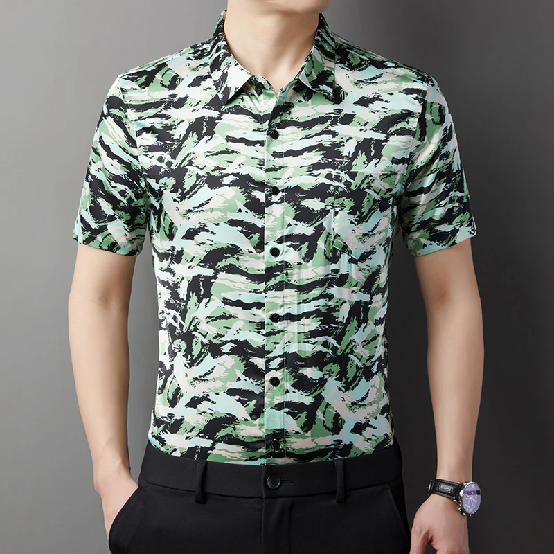 

New Arrival Men's Fashion Patchwork Color Shirts Summer 2024 Casual Stripes Dress Short Sleeve Tops