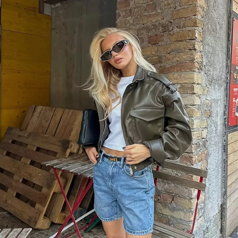 

Женские короткие куртки из искусственной кожи, пальто, осенне-зимние модные пальто с карманами и длинными рукавами, женская верхняя одежда, топы