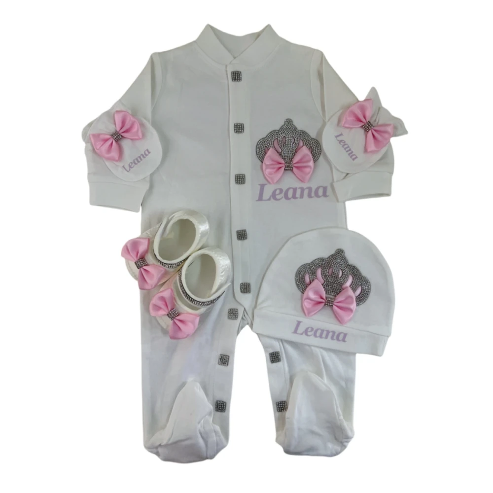 Dollbling Champage Newborn Baby Personalized Outfits 4 Pieces Origin Turkey Welcome Home Hospital Crown Jewelry Romper Set