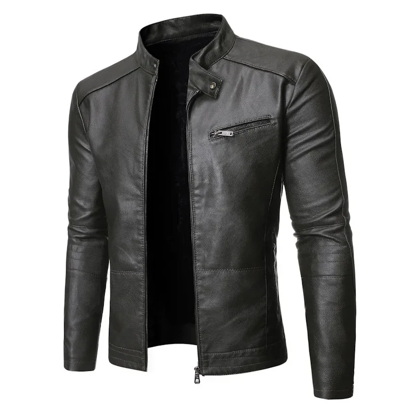 Men Autumn Winter Locomotive PU Leather Jacket Stand-up Collar Long Sleeve Zipper Coat - Image 4