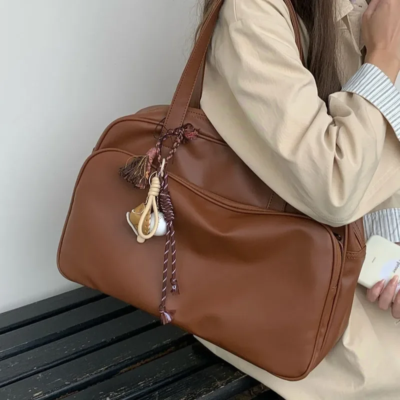 

Сумка-тоут в студенческом стиле для девушек, однотонная модная сумочка-тоут в стиле ретро, Корейская Вместительная дорожная сумка на плечо, 1 шт.