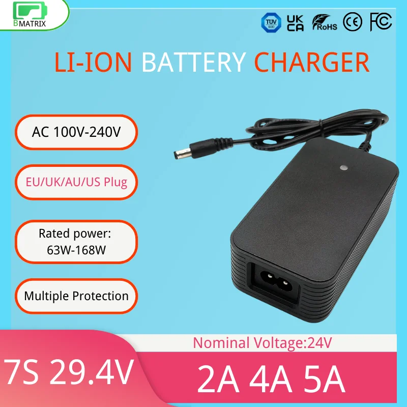 

Charger for 7S li-ion battery 29.4V 24V 2A 4A 5A EU/uk/au/us PLUG E-BIKE, ESCOOTER