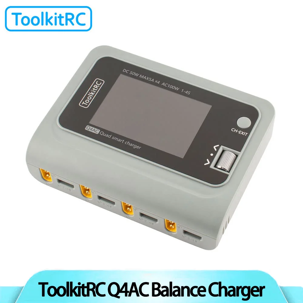 

ToolkitRC Q4AC 4 x 50W 5A 1-4S Lipo AC 100W DC Smart Lithium Battery Balance Charger US Plug 4 Port DC Smart Discharger