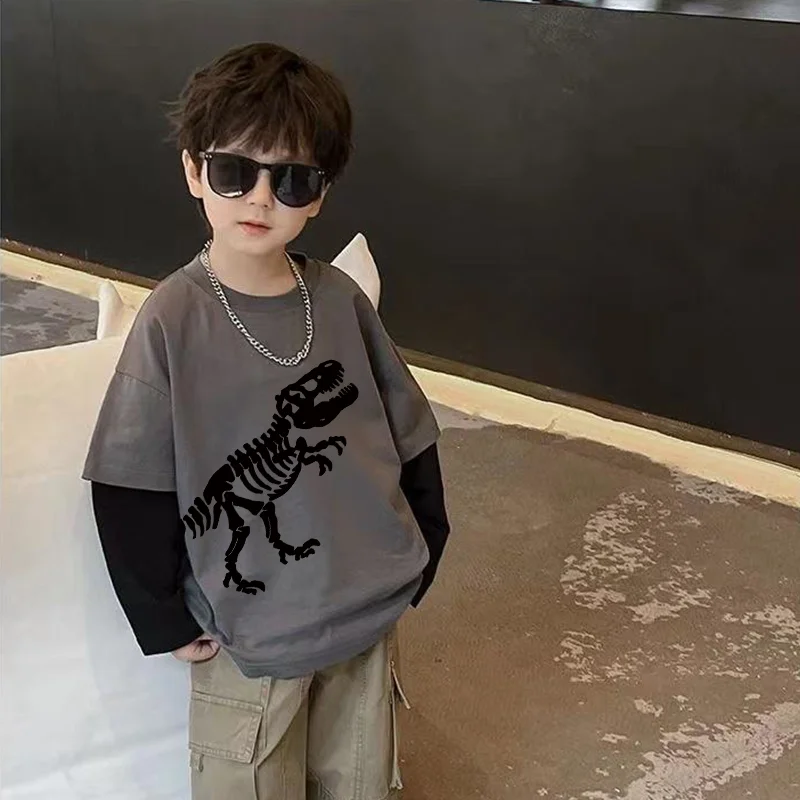 ديناصور الكرتون تنوعا قاعدة طبقة طالب المدرسة الابتدائية طويلة الأكمام تي شيرت أطفال بنين الأطفال تي شيرت الصبي الطفل #6