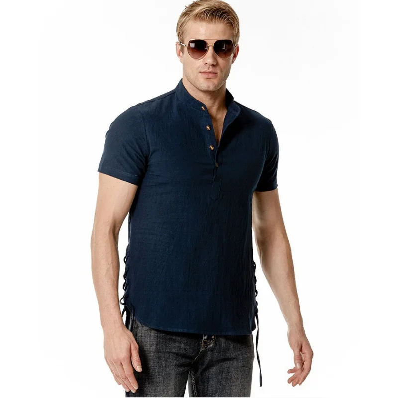 Cotton Beach Shirt Men's Casual Standing Collar Slim Short-sleeved