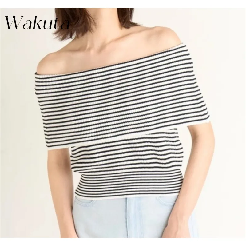 

WAKUTA Japanese Retro Early Autumn One Neck Off Shoulder Short Sleeved Slim Striped Knitted Sweater Casual Commuting Pullovers