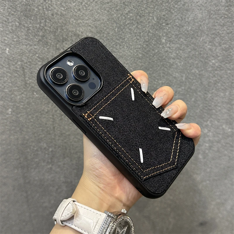 Trendy Denim Fabric Card Pocket Wallet Phone Case for iPhone 15 16pro max 14 16 Pro 13 12 Soft Silicone Bumper Shockproof Cover