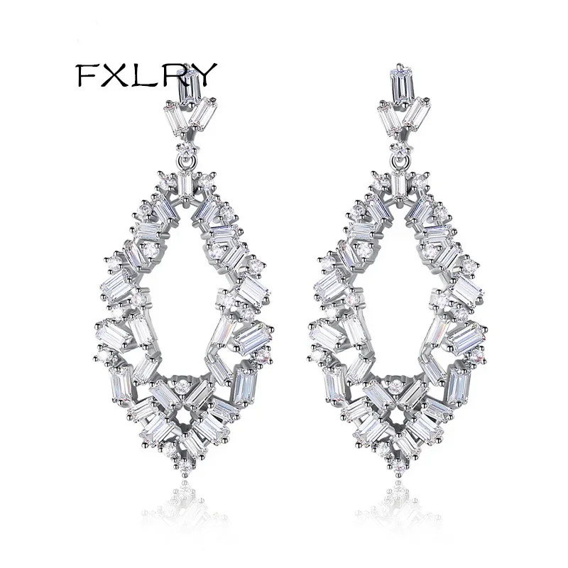 FXLRY New Design Rhombic White Color Cubic Zirconia Luxurious Shining Big Drop Earrings Bridal Dinner Jewelry