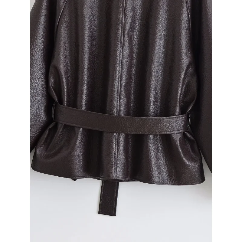 2026 Herbst Winter Damen Hochgeschlossene Kunstlederjacke Langarm mit Gürtel Vintage Streetwear Lässiger Damen-Oberbekleidungsmantel – Detail 12