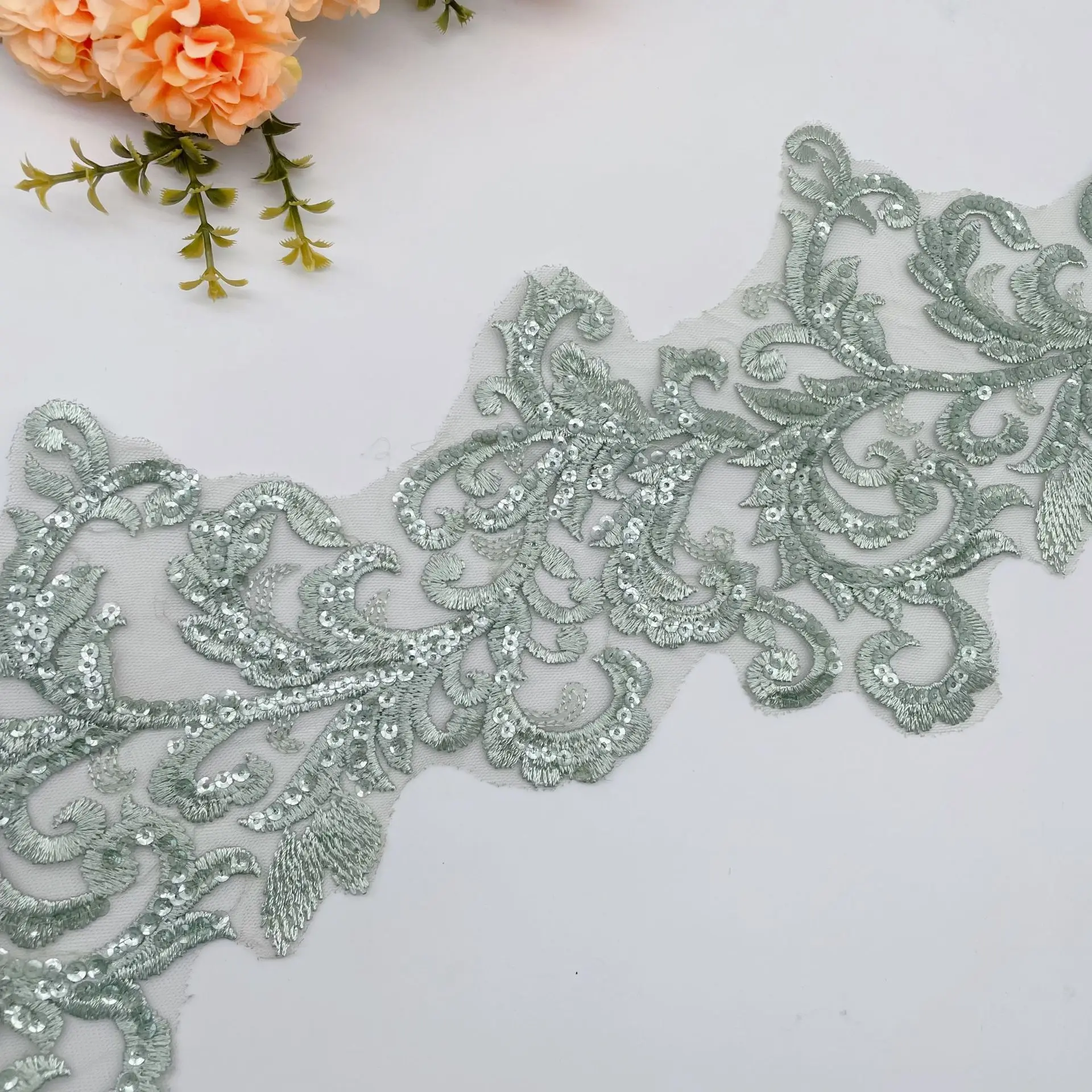 Delicate 1Yard Ivory Green Sequin Cording Fabric Flower Venise Venice Mesh Lace Trim Applique Sewing Craft for Wedding Dec. 26cm