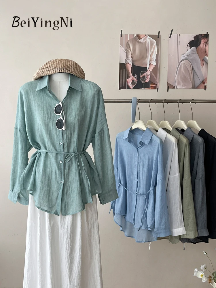

Beiyingni 2026 Summer Shirts for Women Casual Loose Sashes Single Breasted Top Female Thin Vacation Lazy Style Long Sleeve Shirt