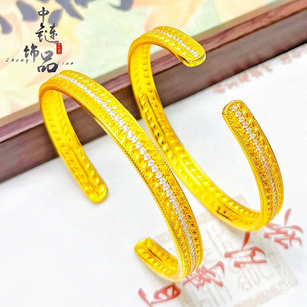 Diamond-studded wheat ear open bracelet with traditional Chinese style patterns 9999gold