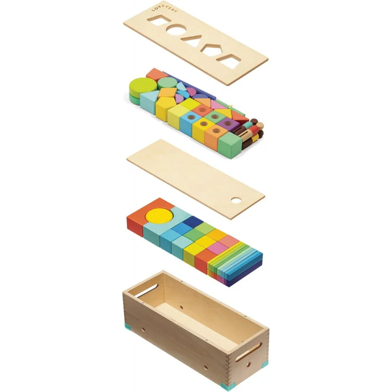 Block Set | Solid Wood Building Blocks and Shapes   Wooden Storage Box, 70 Pieces, 18 Colors, 20  Activities, Toddler Block