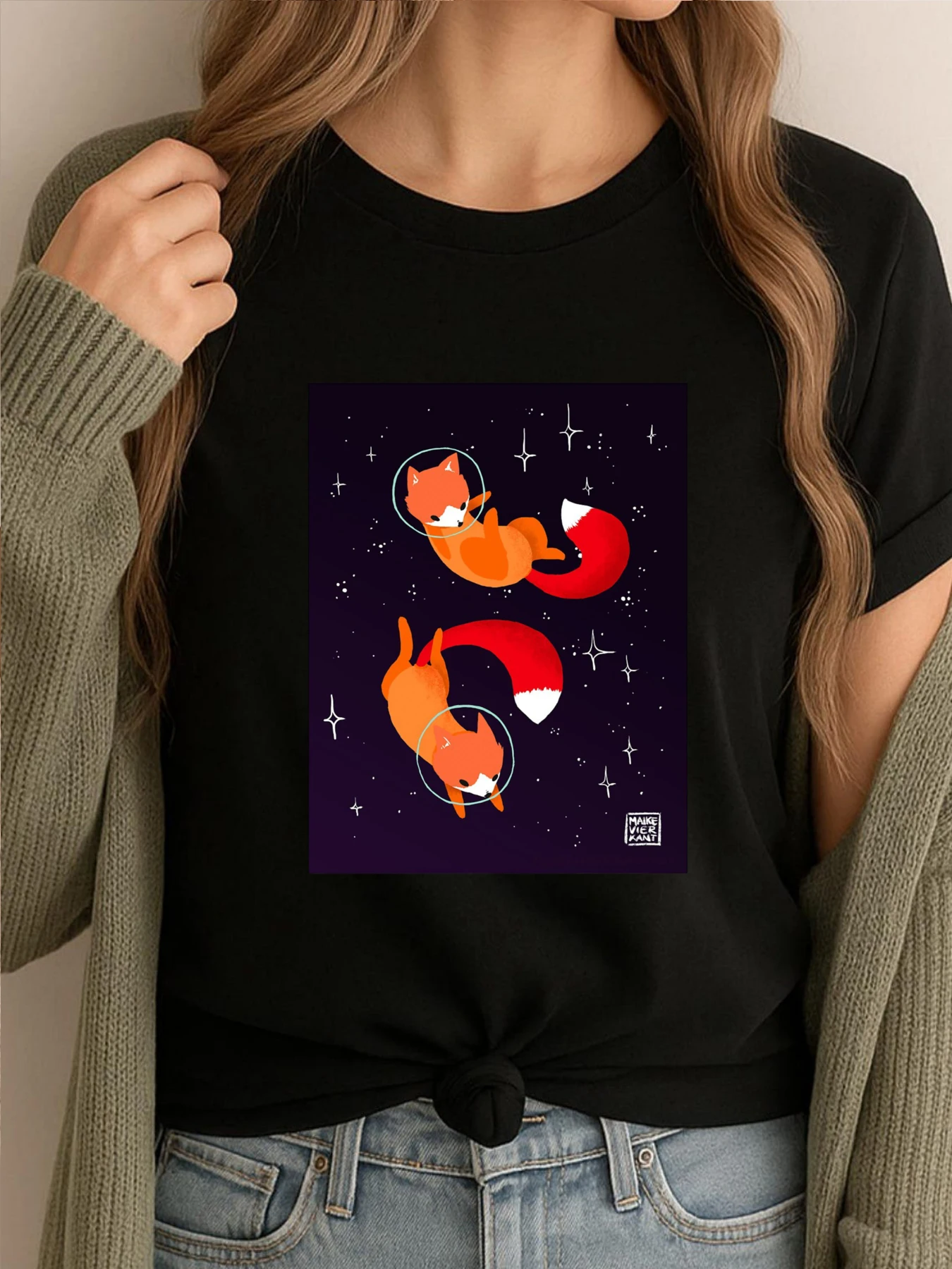 

Мужская футболка с космическими лисами, 100% хлопок, мужские дышащие винтажные футболки, мужская одежда большого размера с принтом, милые топы