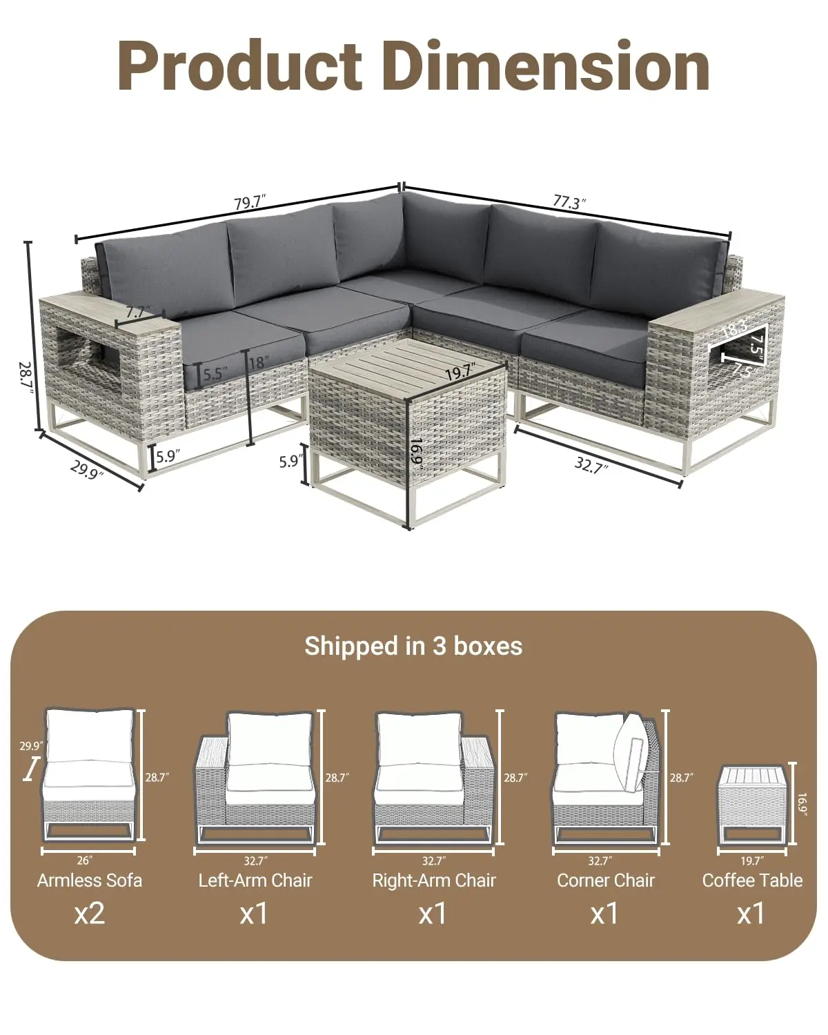 PE Rattan Outdoor Sectional Sofa Set 6-Piece with Thickened Cushions & Chunky Arms, Modern L-Shaped Garden Backyard Furniture, G