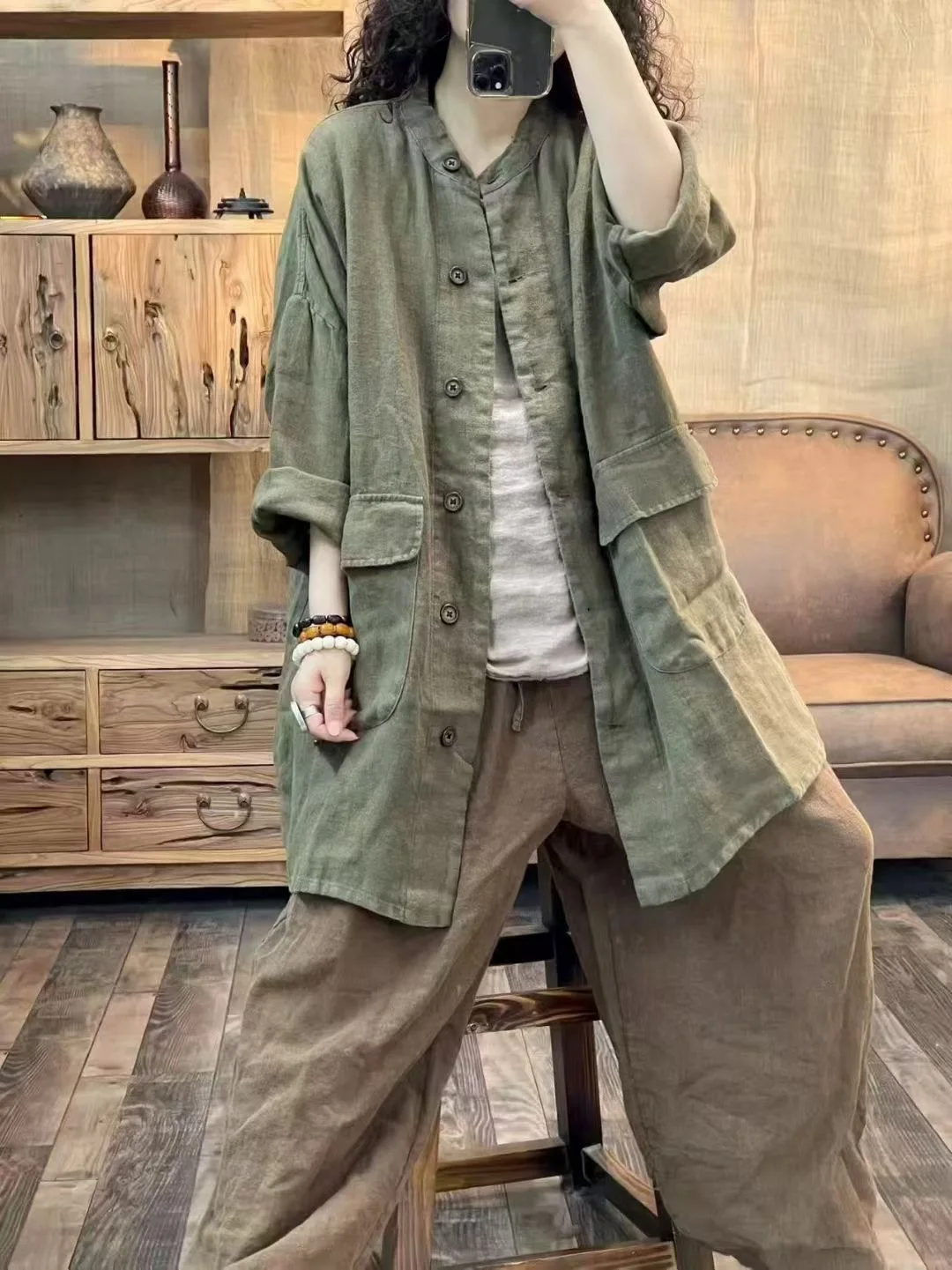 

High Quali Linen irt with Big kets Worn Look Loose Fit Slimming Casual Versatile Outerwear Open Cardigan Women's Top