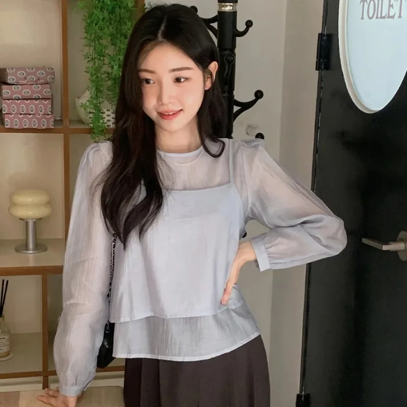 

Ele Chic Design Unique Korean Sle See-tough Strap Vest And Long Sve Top Women's Two-piece Set Straight Cut Autumn ...
