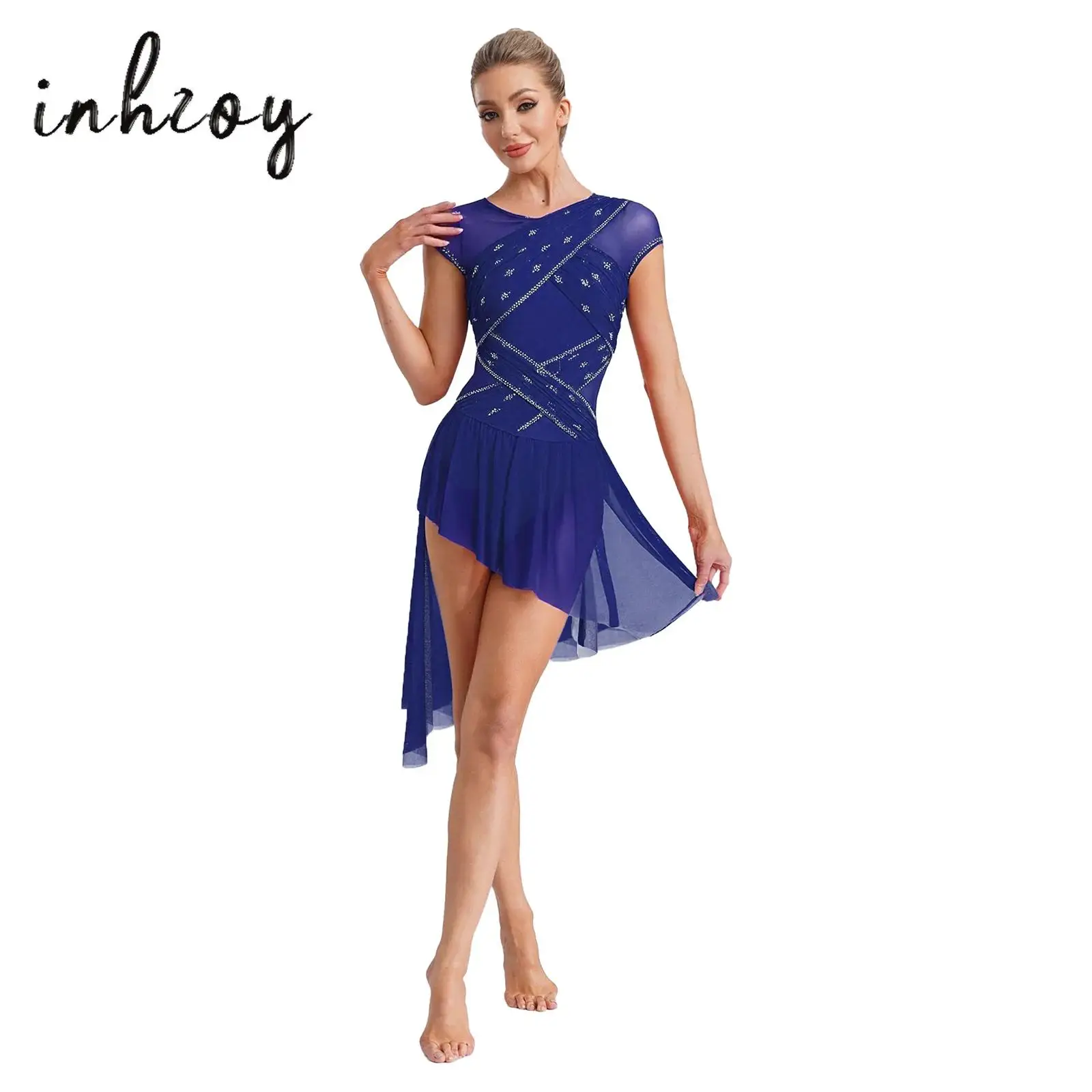 

Womens Figure Skating Leotard Dress Rhinestones Ruched Mesh Overlay Irregular Hem Bodysuit Dresses Modern Lyrical Dance Costume