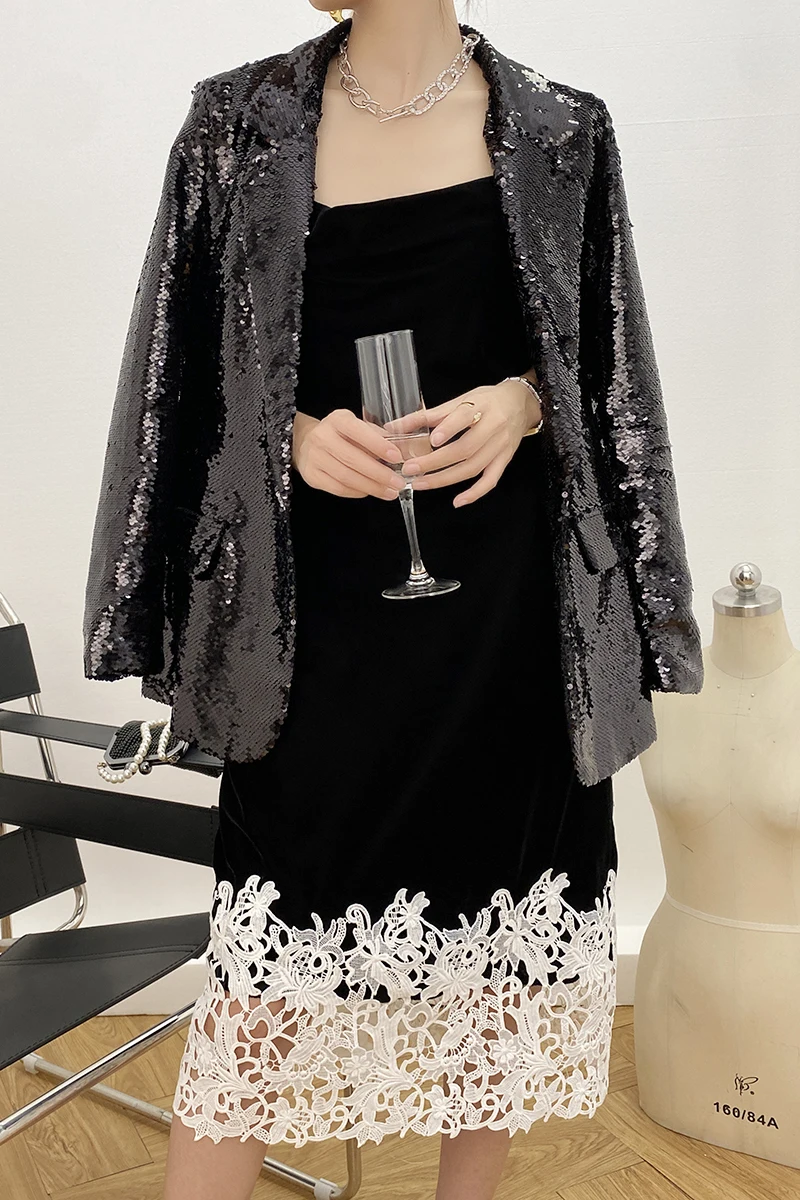 Black Paillette blazer women Spring Bling Loose Office lady Long sleeve Sequin jacket Elegant Club Clothing New INKEO 1O274