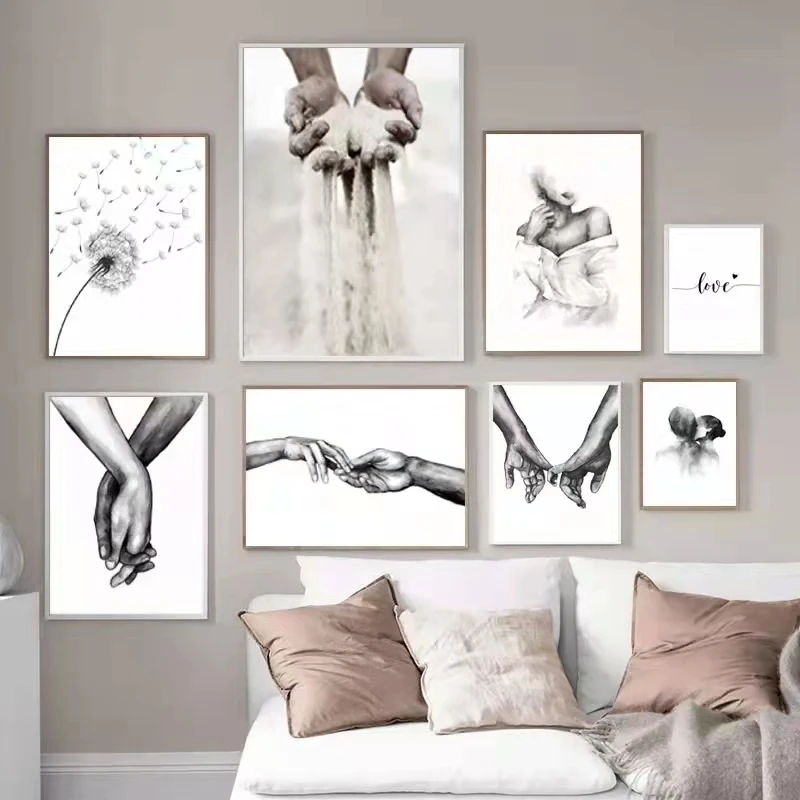 Black White Romantic Hand In Hand Canvas Painting Love Quotes Wall Art Poster Print Fashion Picture Couples Lovers Room Decor