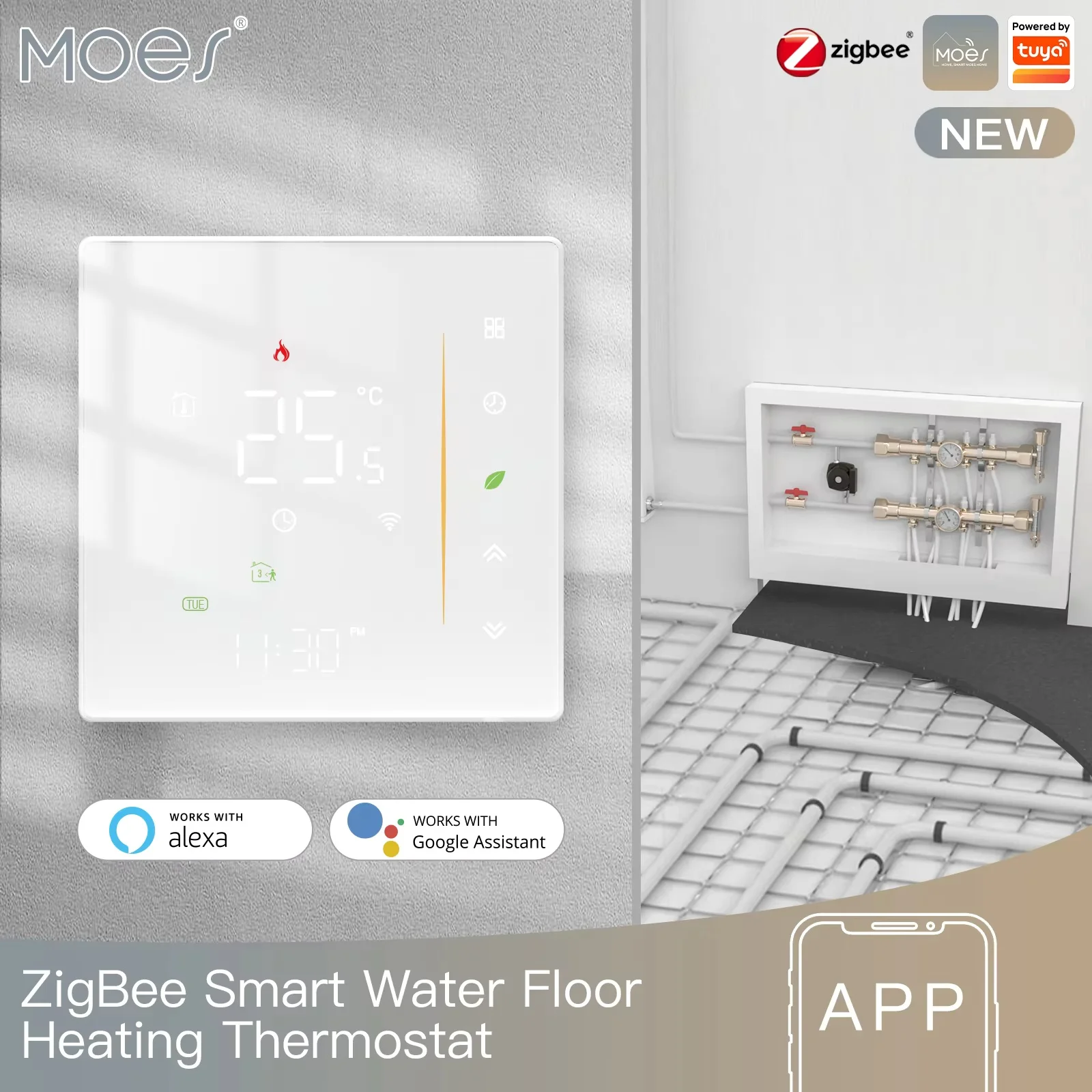 MOES Zigbee Thermostaat Kamertemperatuurregelaar voor Water/Elektrische Vloerverwarming, Gasboiler, Luchtvochtigheid, Tuya, Werkt met Alex 5A16A