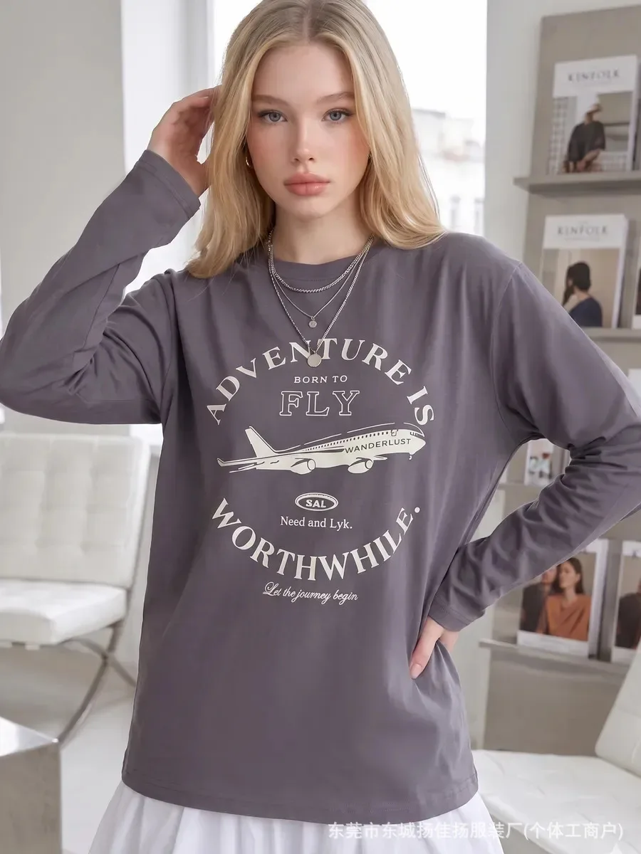 Retro Vintage Women 100% Cotton Long Sleeve Tee Airplane Adventure Letter Graphic Print Crew Neck Loose Casual Streetwear Tshirt