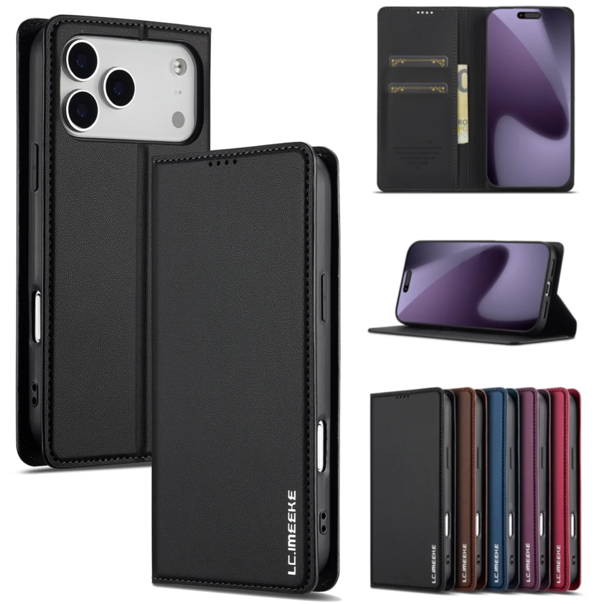 Ultradünne Flip-Lederhülle für iPhone 18 17 Pro Max Air 16 15 14 13 12 11 Pro Max Plus mit Magnetischem Kartenhalter und Brieftaschenfunktion