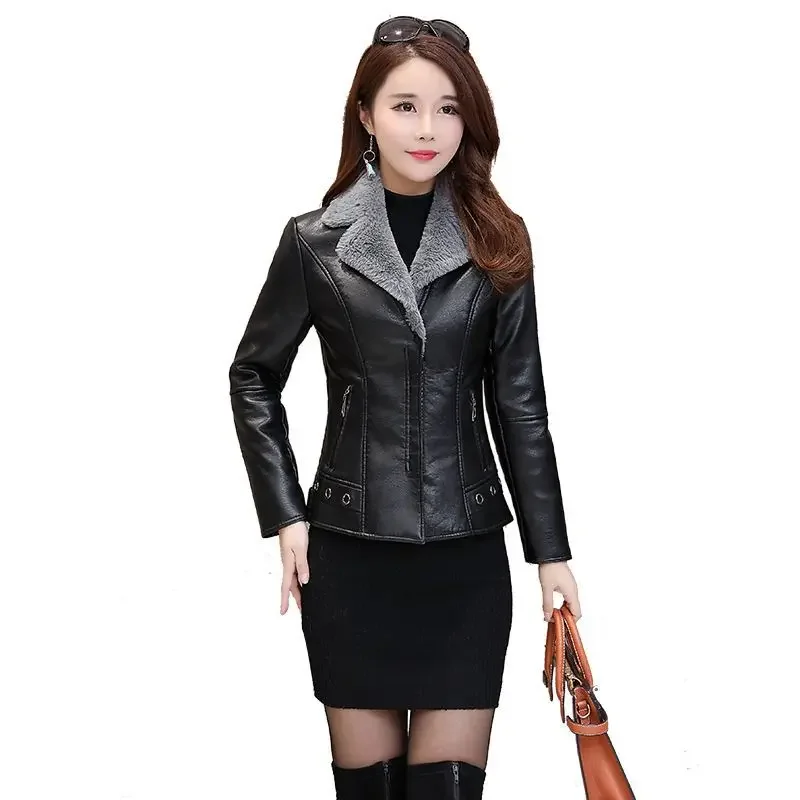 2024 New Winter PU Leather Jacket Women Short Blazers Coat Fleece Double-faced Fur Leather Outerwear Lady Slim Suit Tops Jackets