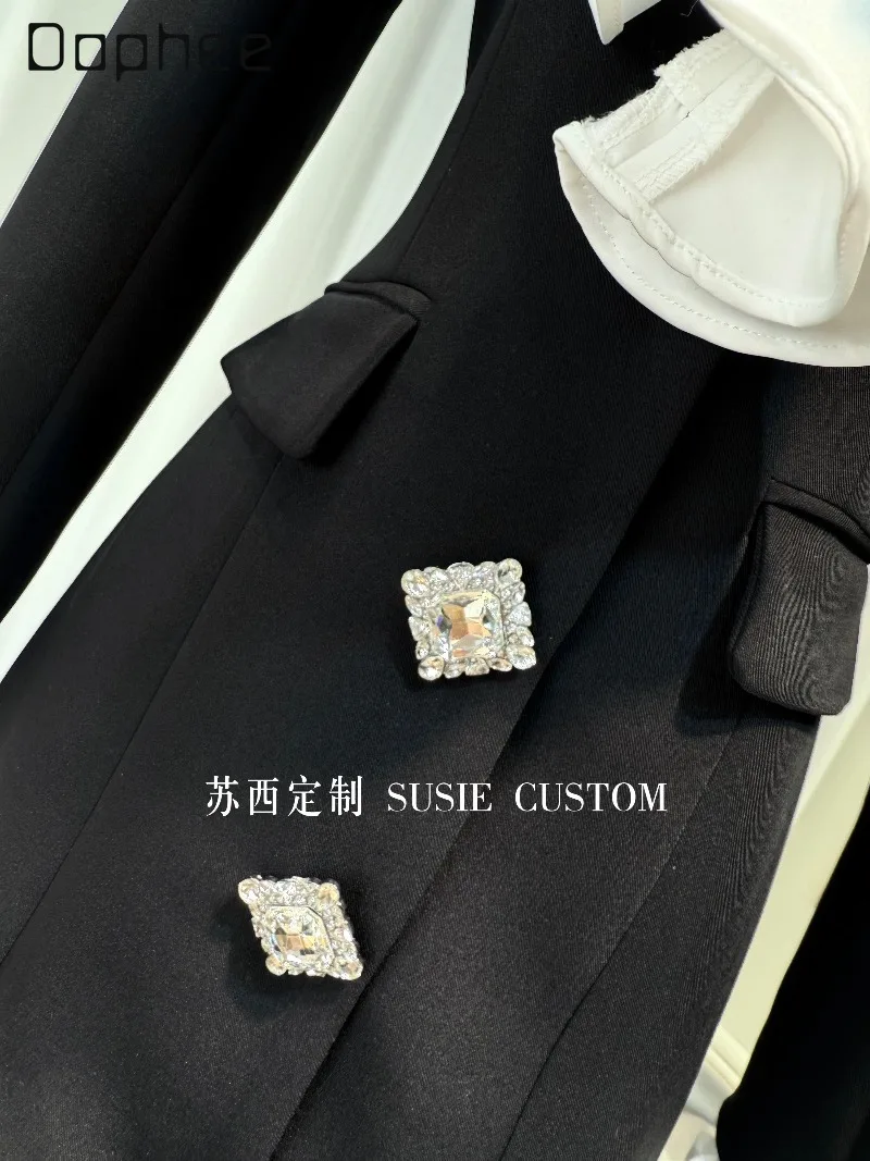 French Hepburn Style Socialite Suit Dress Fashion Detachable Ruffled High End Rhinestone Buttons Slim Patchwork Long Coats