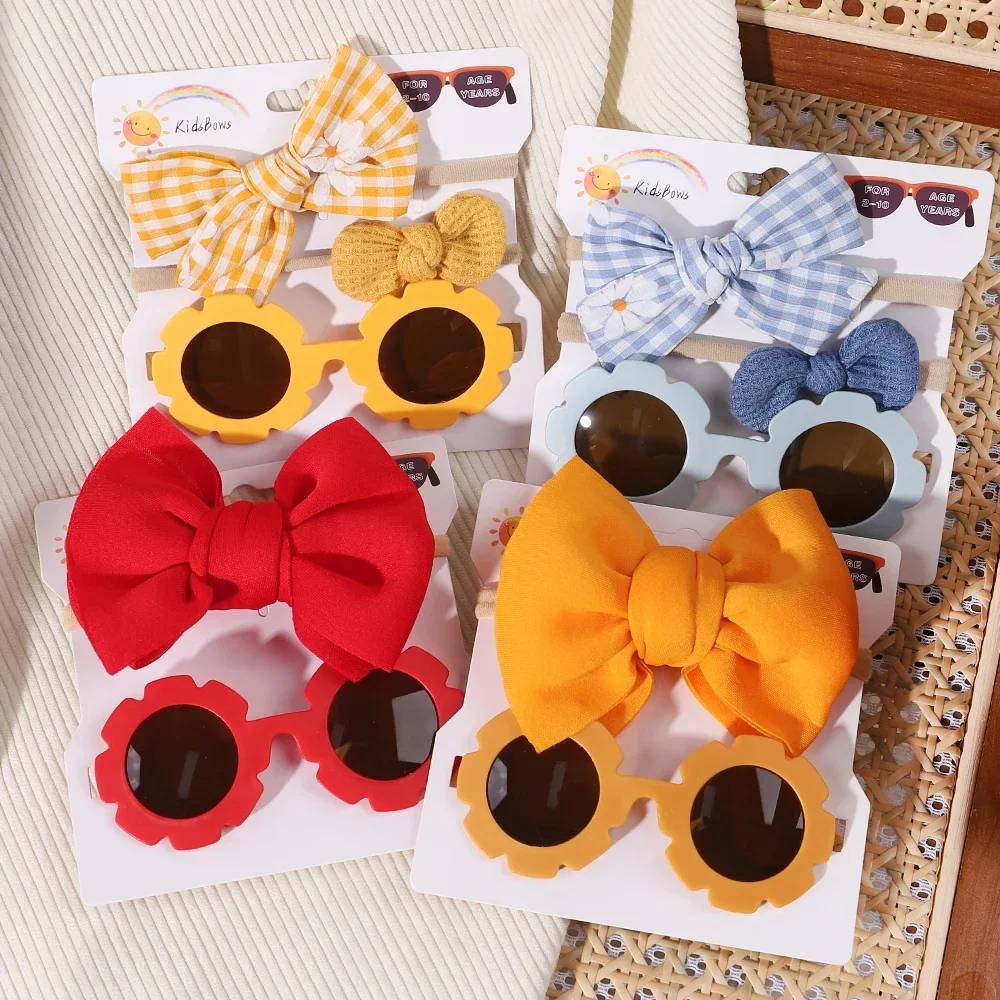 Children Headwear Glasses Set Solid Soft Bowknot Head Bands Girls Lace Barrette Retro Sunglasses Kids Hair Clip Hair Band Sets